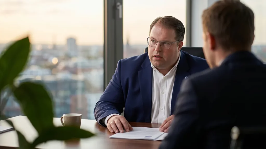 Ein Experte sitzt fokussiert am Tisch und bereitet die Zertifikatsfragen für die Immobilienmakler vor.