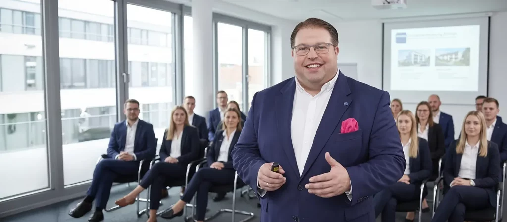 Ein Dozent im Anzug spricht motiviert vor einer Gruppe von Kursteilnehmern im Seminarraum.