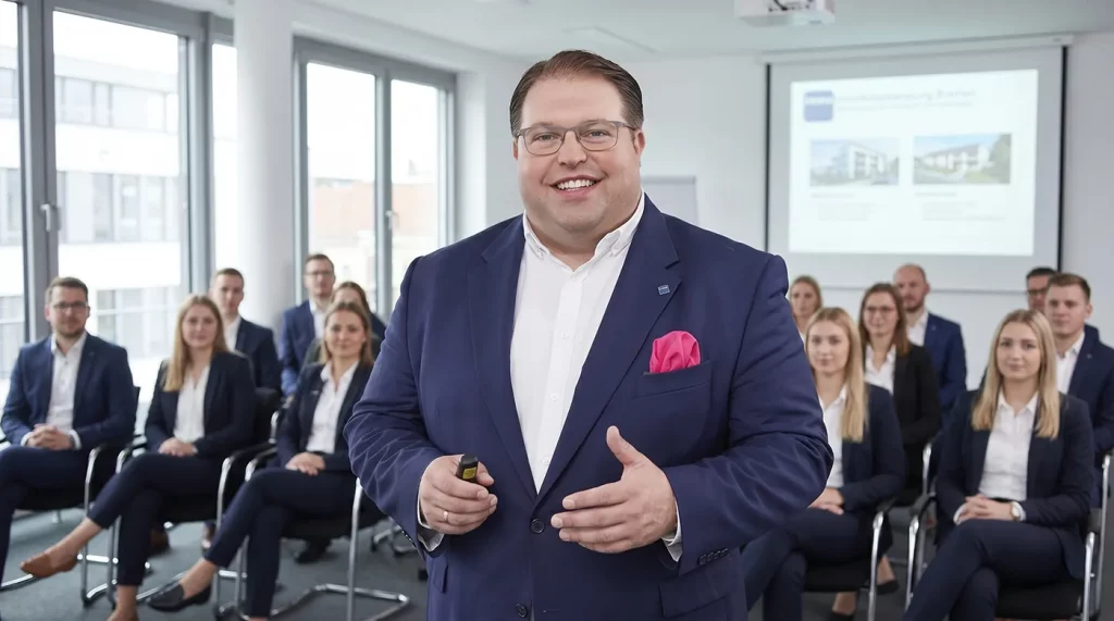Ein Dozent im schicken Anzug erklärt mit offenen Gesten die Lerninhalte vor seiner Klasse.