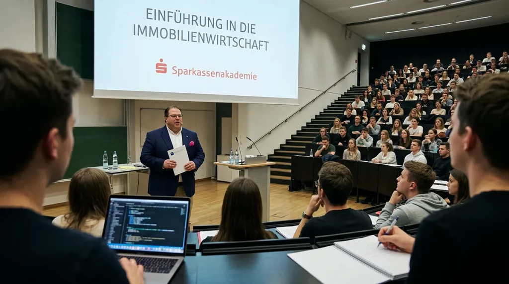 Blick aus dem Zuschauerraum auf einen Dozenten, der vor einer großen Präsentationswand spricht.
