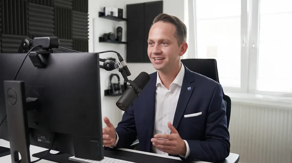 Ein lächelnder Dozent spricht während einer Präsentation direkt zu den Teilnehmern des Maklerkurses.